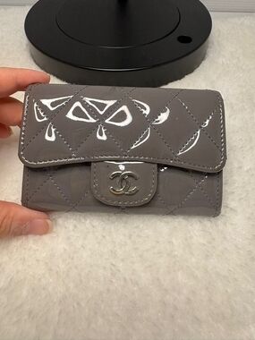 Chanel Gray Quilted Patent Leather Wallet with CC Logo